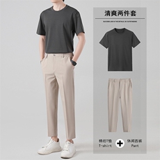 夏季九分西裤男长裤修身韩版港风休闲裤短袖衬衫纯棉套装两件套潮，男装休闲套装，星座505-2（原电商A260-1)