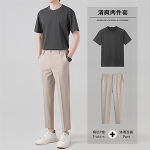 夏季九分西裤男长裤修身韩版港风休闲裤短袖衬衫纯棉套装两件套潮图片