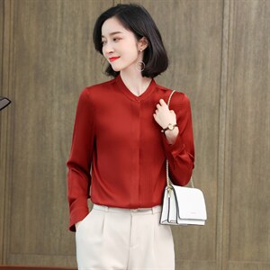 白色重磅真丝衬衫女长袖2025春装新款气质压褶职业百搭桑蚕丝上衣图片