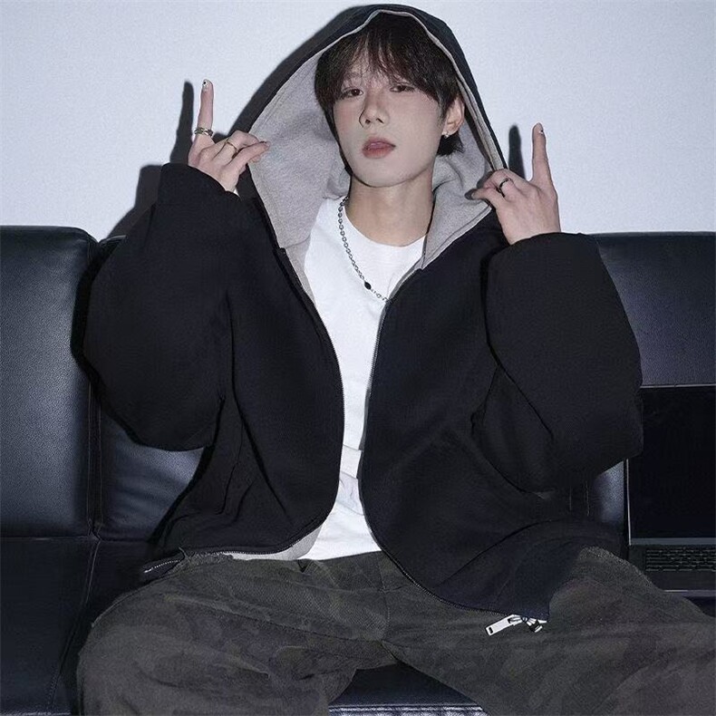 1506/QG16320/P44美式高级休闲复古连帽休闲慵懒情侣开衫外套，女装短外套，星座1506