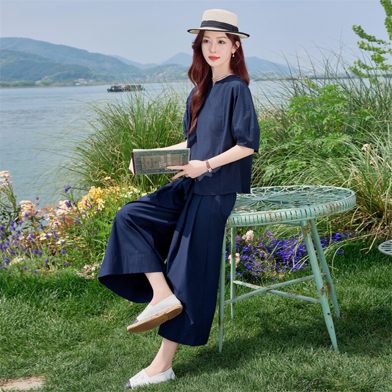 欧货简约高级感时尚套装2026夏新款女流行减龄修身显瘦九分阔腿裤,女装套装/套裙,水衣源