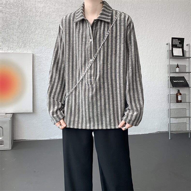 S-3XL复古条纹半开领长袖衬衫上衣宽松慵懒休闲衬衣男CS534P48,男装衬衫,电商D206-1