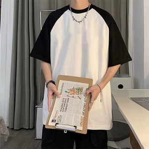 抖音得物高品质二开240克宽松纯棉美式潮牌插肩袖拼接短袖T恤图片