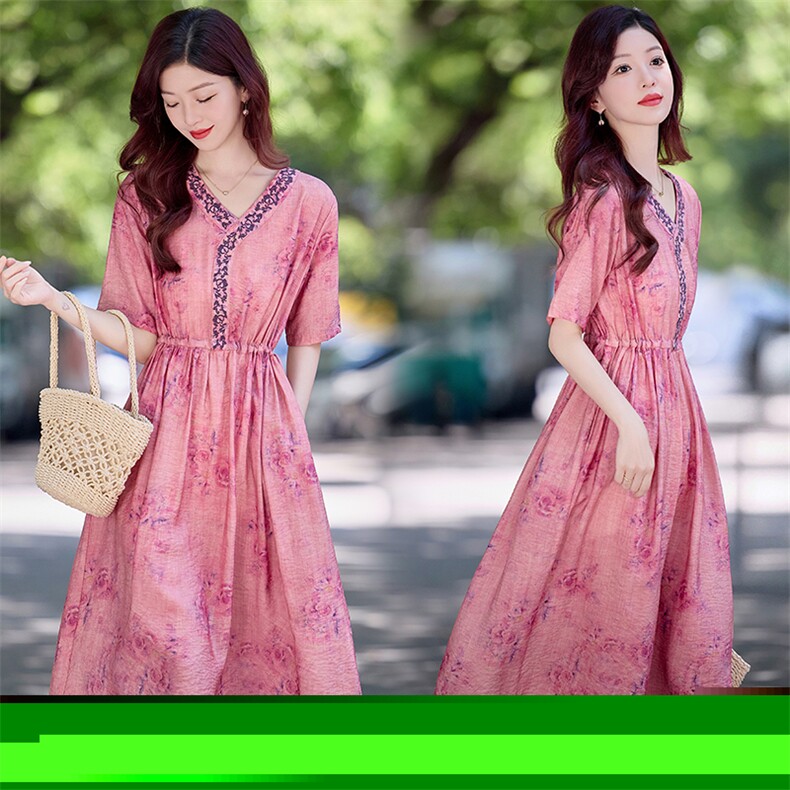 复古印花棉麻连衣裙女2025夏季新款V领气质收腰显瘦减龄休闲裙子,女装连衣裙,魅影