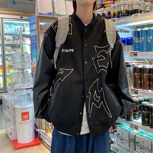 刺绣毛呢外套男女高级感痞帅美式复古pu皮拼接棒球飞行员夹克图片
