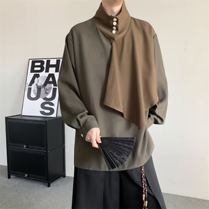 春装2025美拉德日系复古风设计感男女拼接立领衬衫质感半高领衬衣图片