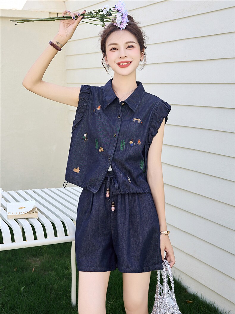 甜酷减龄深蓝色刺绣牛仔套装女2025夏季小个子无袖衬衫短裤两件套,女装套装/套裙,布芭啦