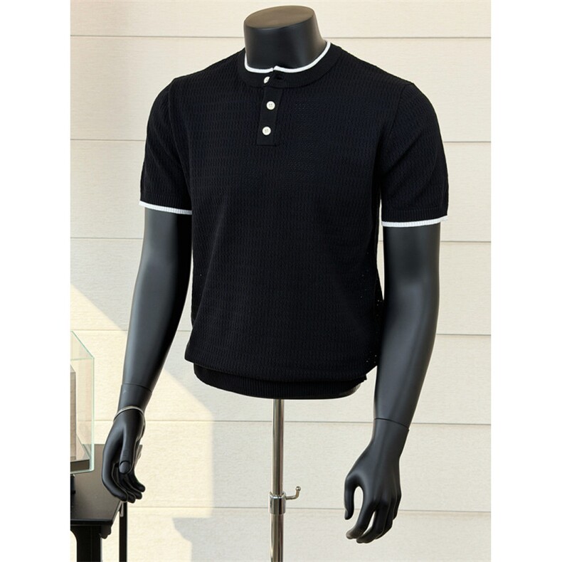 老钱镂空款拼色针织圆领套头短袖T恤K85004-P53，男装T恤，星座1012-1