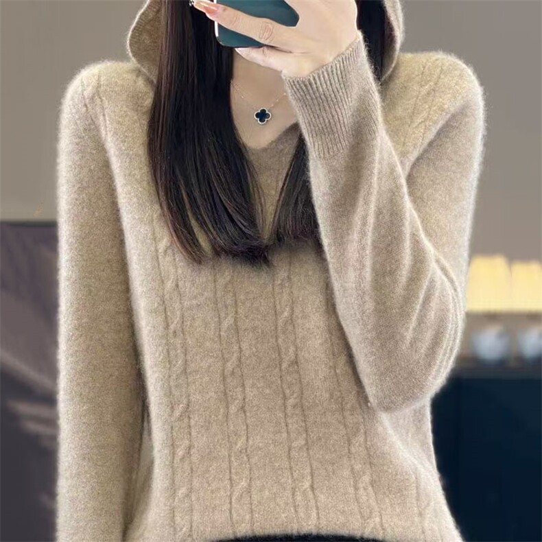 女士2025新款扭花帽衫,针织衫/毛衣,萱芳婷羊绒