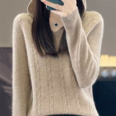 女士2025新款扭花帽衫，女装针织衫/毛衣，萱芳婷羊绒