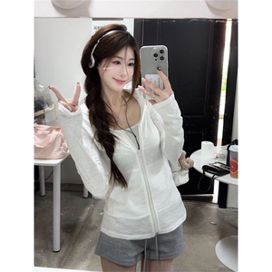 韩系气质V领连帽拉链款长袖防晒罩衫女辣妹口袋设计修身开衫上衣图片