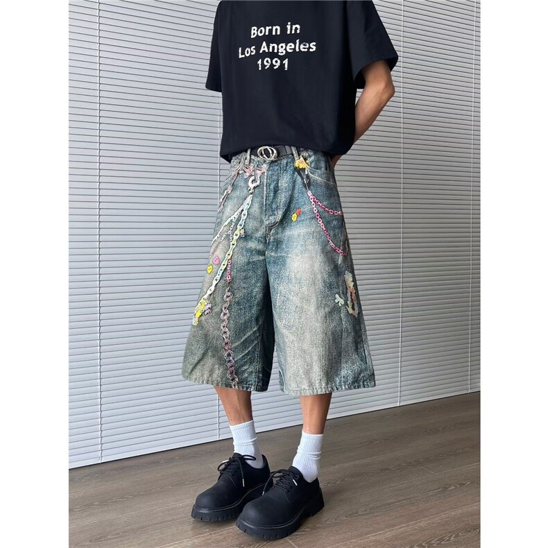 美式复古链条印花牛仔裤子美2025辣妹hiphop嘻哈拖地裤RK2836-P55,男装牛仔裤,星座412-3