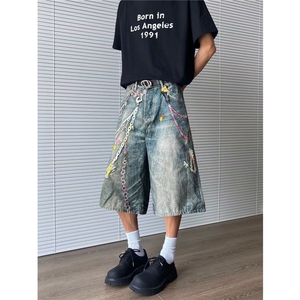 美式复古链条印花牛仔裤子美2025辣妹hiphop嘻哈拖地裤RK2836-P55