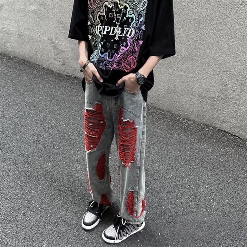 破洞牛仔裤男微喇直筒裤嘻哈P48YK545,男装牛仔裤,星座1112-1