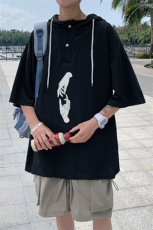 LD54147-P45连帽短袖t恤男大码胖子带帽五分袖中袖，男装T恤，电商A040