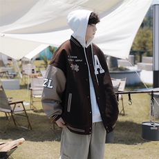 春季美式棒球服男潮咖啡色拼图皮刺绣休闲夹克外套W3781-P55，男装夹克，星座512-2