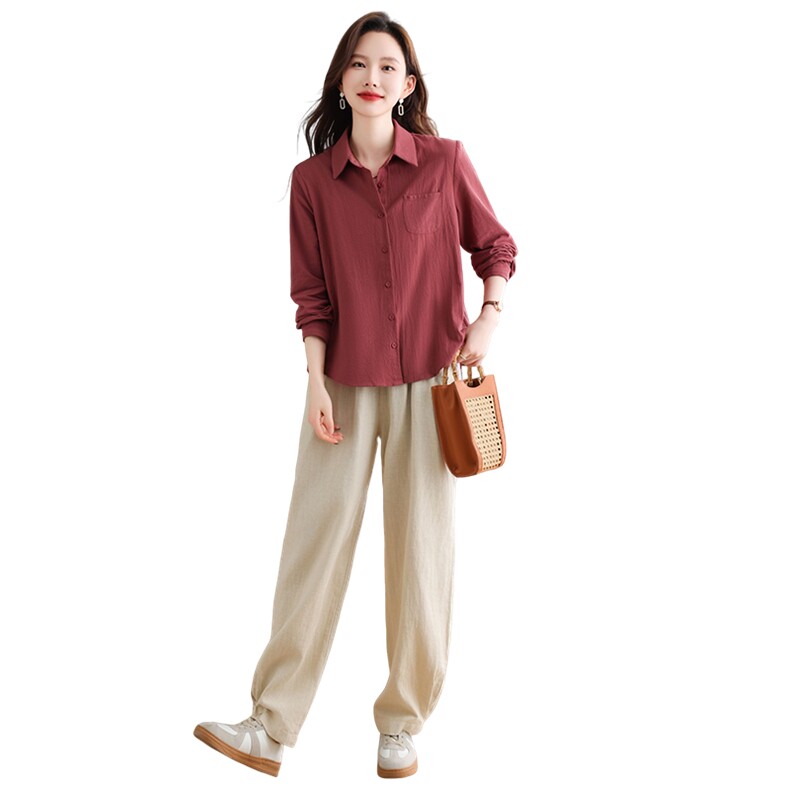 纯棉衬衫女春秋2025新款时尚宽松显瘦小个子妈妈休闲减龄翻领上衣,女装套装/套裙,曼沙奕珂
