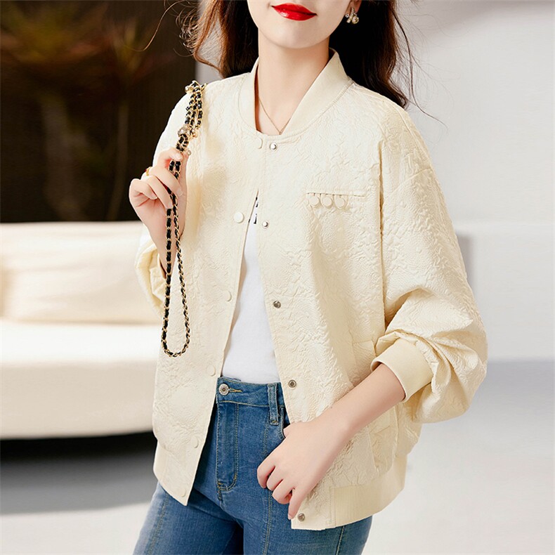 时尚休闲棒球服短外套女2025春秋新款高级感暗纹提花百搭夹克开衫,女装短外套,霓裳依族