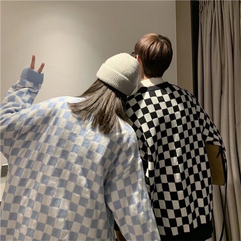棋盘格毛衣外套春秋慵懒风V领格子针织X003P45，男装针织衫/毛衣，星座1116-2