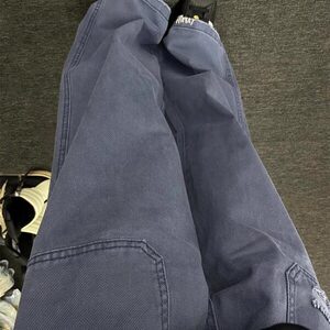法工裤ERL风格蓝色水洗法工装裤男破坏毛边直筒长裤 N1207图片