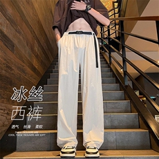 宽松阔腿西裤男夏季潮流百搭美式复古腰带休闲裤-A1045TP45控68，男装西裤，电商B241