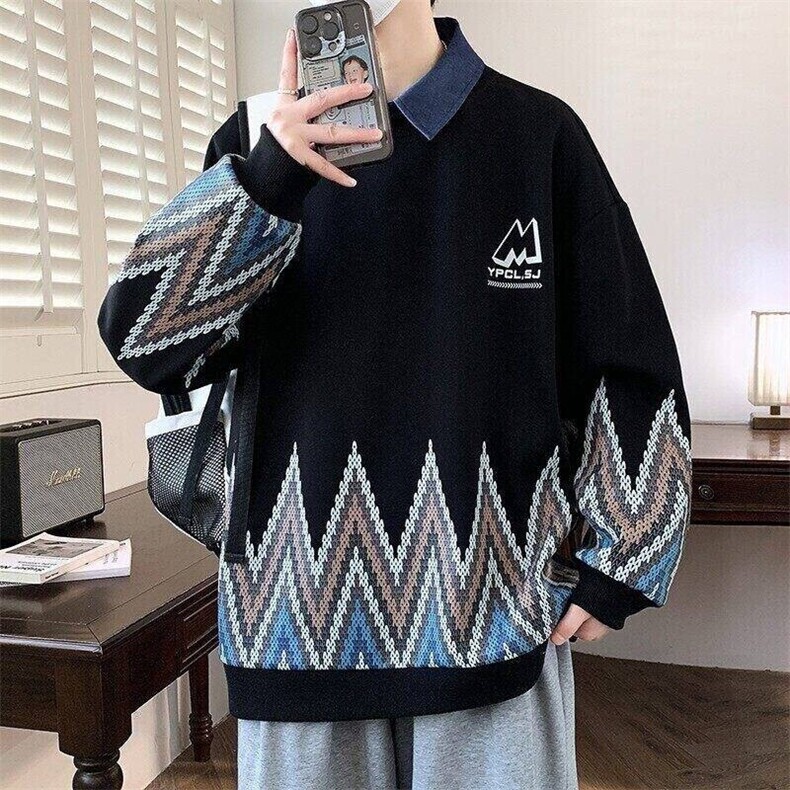 W25209-特P50假两件卫衣男款春秋季衬衫领打底衫宽松帅气套头衫图片