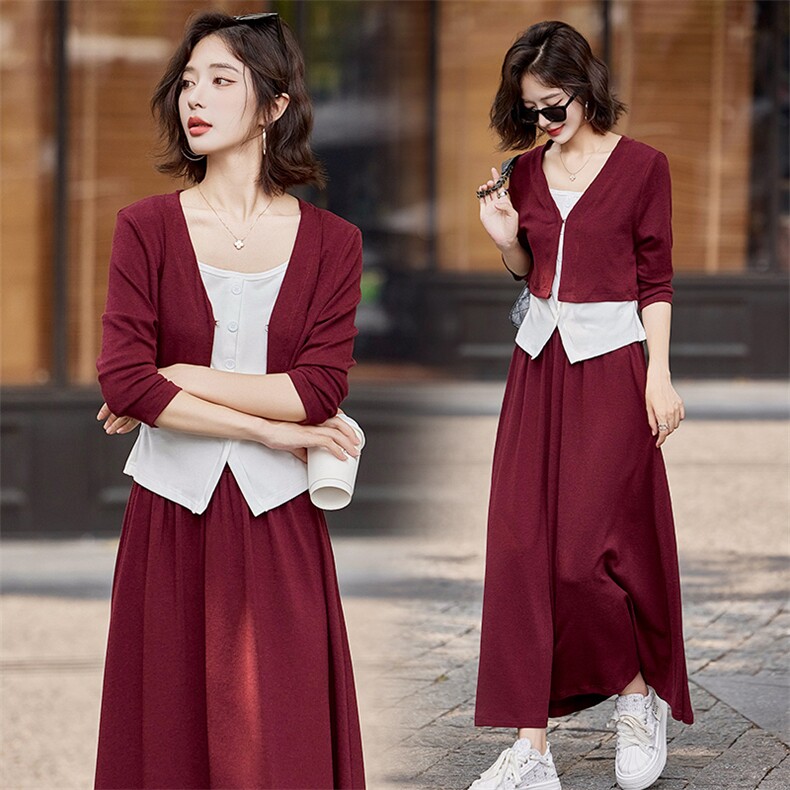 慵懒松弛感一整套穿搭秋季2024新款舒适针织开衫背心半身裙三件套，女装套装/套裙，乔米娜