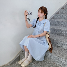 减龄娃娃领蓝色连衣裙女夏2025新款韩系chic别致穿搭气质感学院风，女装连衣裙，2C261