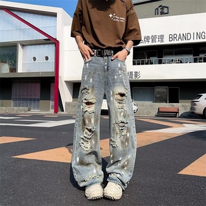 泼墨脏染水洗破洞牛仔裤夏季潮牌设计感宽松直筒阔腿裤1017 P50图片