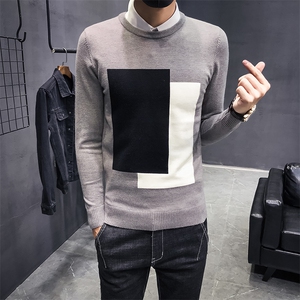 C301-M1001#秋冬季新款高品质圆领方块撞色毛衣修身男 P58图片