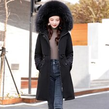 现货2024年冬季腰间可抽绳后背绣字母时尚派克服配高纺大毛领，女装派克服，采品优优