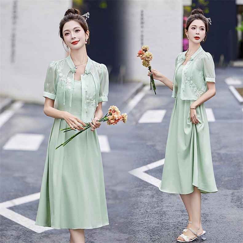 现货新款夏装2024年新中式g风盘扣旗袍改良吊带两件套套装，女装套装/套裙，采品优优