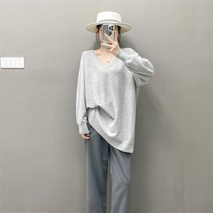 山羊绒蝙蝠袖慵懒风毛衣宽松v领羊毛针织衫女秋冬中长款大码上衣图片