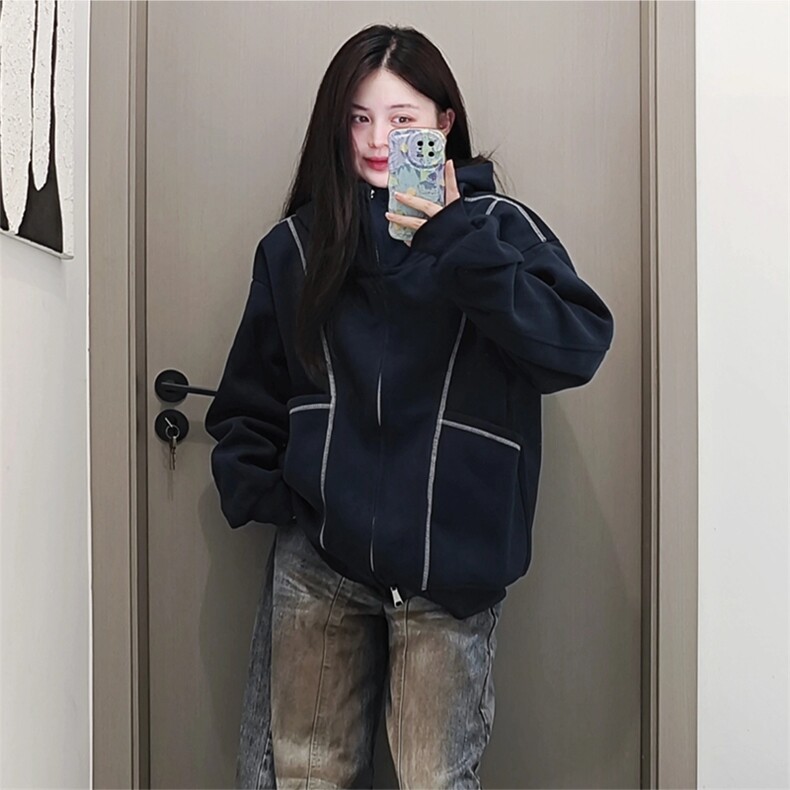 抖音得物高品质秋冬美式高街重磅结构辑明线纹理连帽卫衣外套W111,女装短外套,电商A486-1