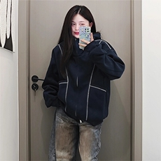 抖音得物高品质秋冬美式高街重磅结构辑明线纹理连帽卫衣外套W111，女装短外套，电商A486-1