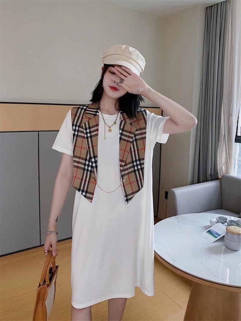 ［爱美欧］夏季新款格子批肩两件套显瘦连衣裙，女装连衣裙，爱美欧