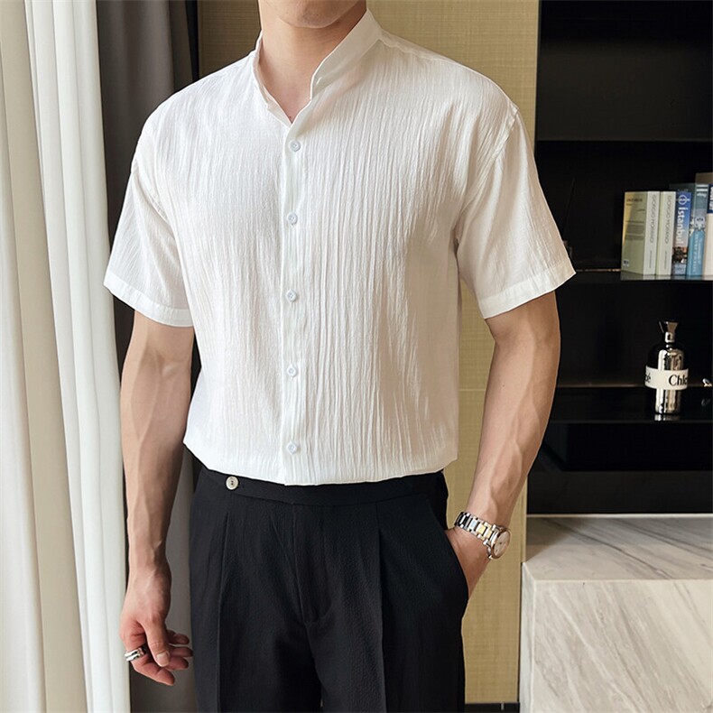 夏季男士七分袖条纹衬衫立领男休闲修身休闲衬衣A236-C663-P55,男装衬衫,电商A236