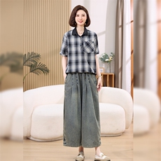 叶笙衣套装2519-127领格子衬衣牛仔裤套装，女装套装/套裙，叶笙衣