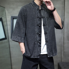 夏季牛仔七分袖衬衫盘扣立领上衣宽松大码男休闲CS2504-P7088，男装衬衫，电商A008