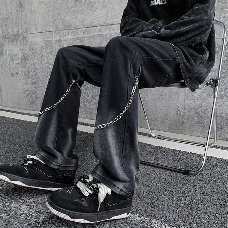 现货高街vibe黑色扎染设计感链条修身微喇牛仔裤男K880-P55控78,男装牛仔裤,星座205