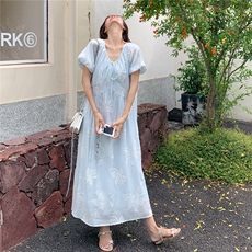 法式浪漫刺绣系带连衣裙女2025年夏季新款甜美泡泡袖气质显瘦长裙，女装连衣裙，慧尚2-185
