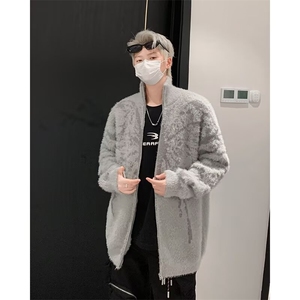 美式水貂绒黑色高领毛衣外套男秋冬季美拉德慵懒软糯针织开衫X052图片