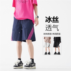 INS夏季新款冰丝条纹百搭速干宽松五分裤B315-K24185-特p25控48图片