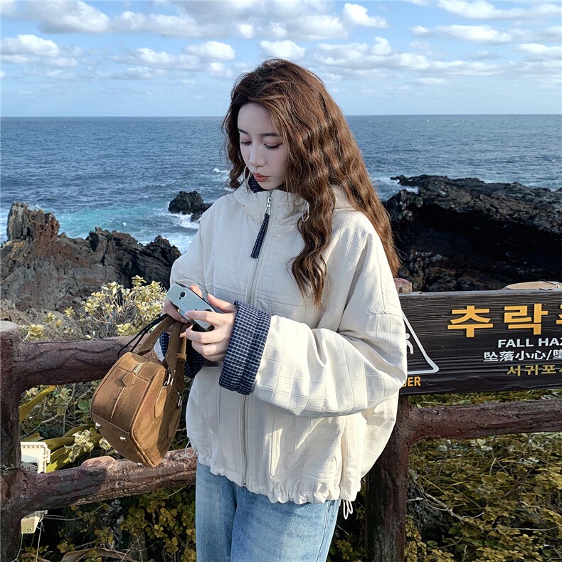 米白色复古格纹拼接连帽夹棉外套女2025韩系宽松休闲加厚保暖上衣,女装棉衣/棉服,2C326