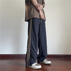 WASSUPHAPPY冰丝条纹休闲裤男春秋季潮牌美式宽松阔腿运动长裤子，男装休闲裤，电商B315