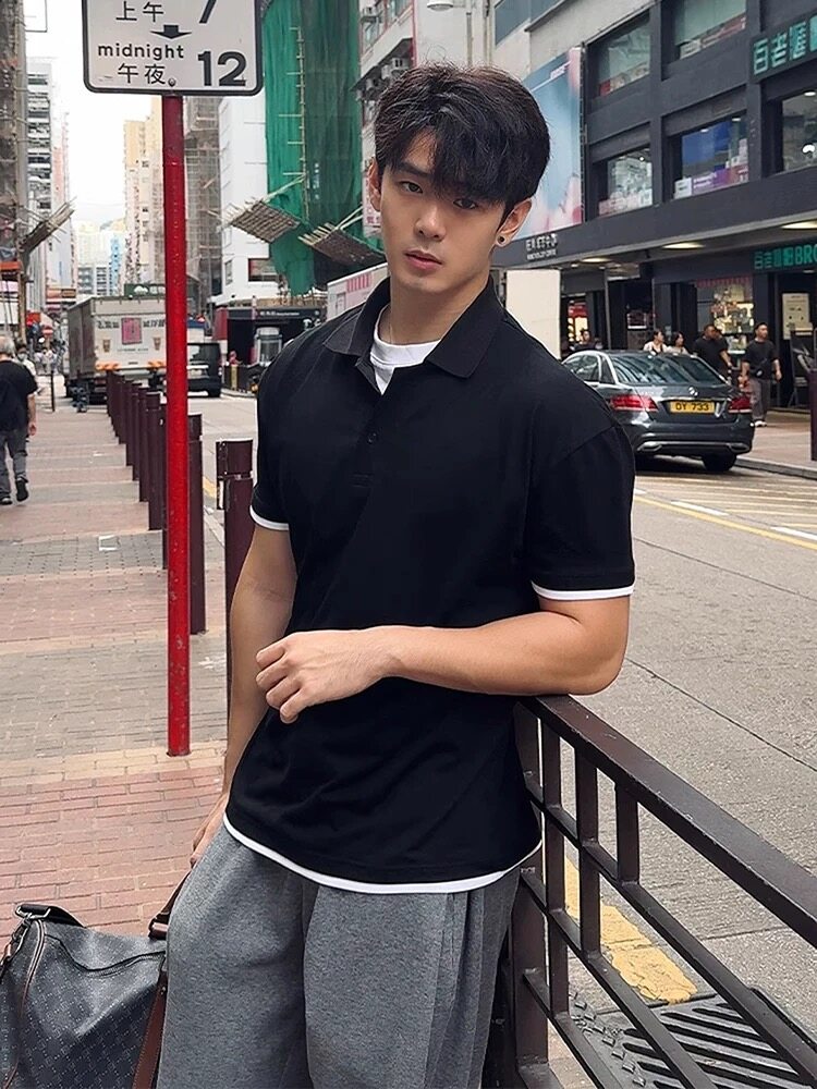 假两件华夫格polo衫男夏季美式潮牌高级感重磅半截袖宽松短袖T恤,男装T恤,星座809A(原222-1)