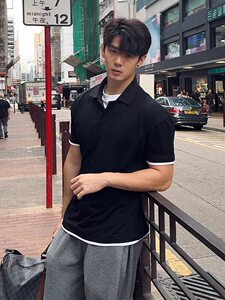 假两件华夫格polo衫男夏季美式潮牌高级感重磅半截袖宽松短袖T恤图片
