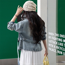 宋佳同款2025春夏季女装欧货新款时尚翻领配腰带百搭牛仔外套上衣，女装牛仔外套，江南女神