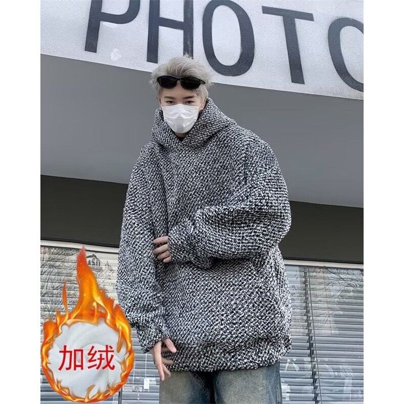 小香风连帽卫衣男2024冬粗花呢宽松长袖上衣WB365-常规45-加绒55,男装卫衣,星座412-2
