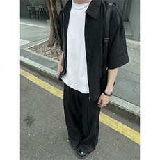 cleanfit黑色翻领衬衫褶皱纹理结构拉链t恤上衣半袖男CS11批40，男装衬衫，星座218-5